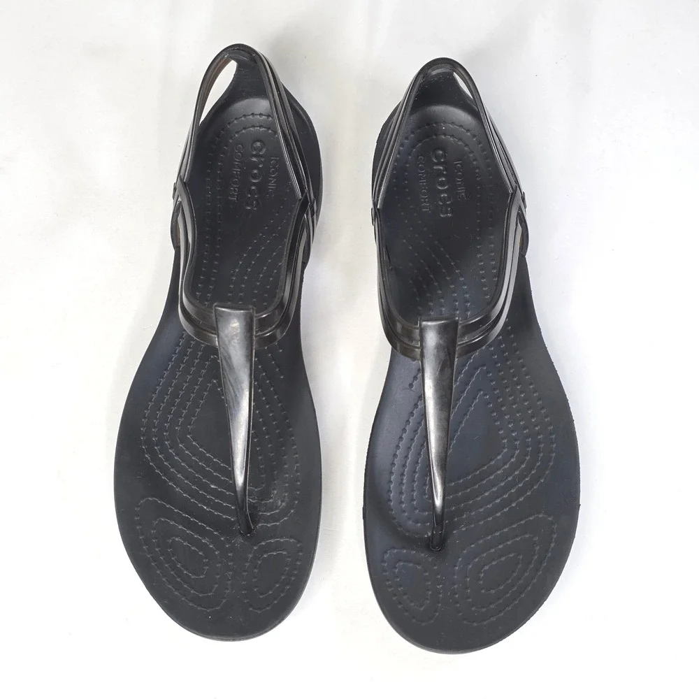 Crocs Isabella T-Strap Sandals Black Strappy Jelly Flat Slip On Shoes Women's 7
